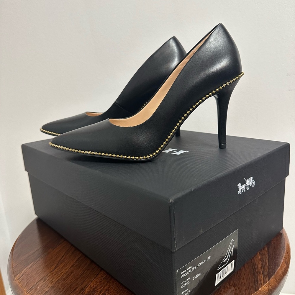 Coach Black and Gold Waverly Beadchain Stiletto Heels - Picture 2 of 10